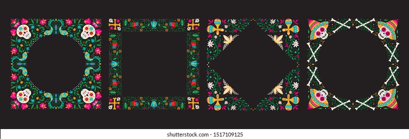 Vector Dia de Los Muertos, Day of the Dead or Mexico Halloween frames collection. Decoration with sculls, maracas, sombrero and flowers. Vector illustration background.