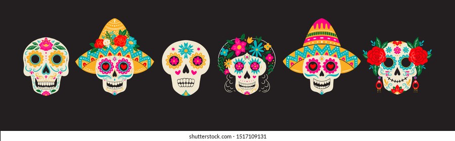 Vector Dia de Los Muertos, Day of the Dead or Mexico Halloween sculls collection. Decoration with sambrero and flowers. Vector illustration background.