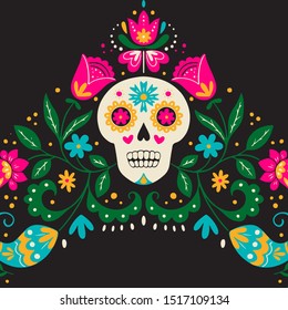 Vector Dia de Los Muertos, Day of the Dead or Mexico Halloween greeting card, invitation. Decoration with skull and flowers. Vector illustration background.