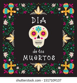 Vector Dia de Los Muertos, Day of the Dead or Mexico Halloween greeting card, invitation. Decoration with skull,  maracas and flowers. Vector illustration background.