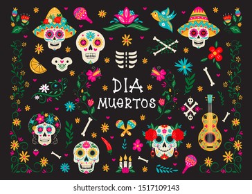 Vector Dia de Los Muertos, Day of the Dead or Mexico Halloween greeting card, elements collection. Decoration cliparts  sculls,  guitar, maracas, bones and flowers. Vector illustration background.