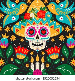 Vector Dia de Los Muertos, Day of the Dead or Mexico Halloween greeting card, invitation. Decoration with scull in sombrero hat and flowers. Vector illustration background.