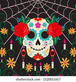 Vector Dia de Los Muertos, Day of the Dead or Mexico Halloween greeting card, invitation. Decoration with women scull and flowers. Vector illustration background.