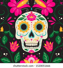 Vector Dia de Los Muertos, Day of the Dead or Mexico Halloween greeting card, invitation. Decoration with skull and flowers. Vector illustration background.