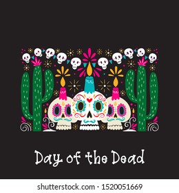 Vector Dia de Los Muertos, Day of the Dead or Mexico Halloween greeting card, invitation. Decoration with skulls, candles and cactus. Vector illustration background.