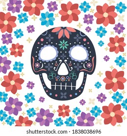  Vector Dia de Los Muertos, Day of the Dead or Mexico Halloween sculls collection. sugar skull. skull with floral ornament Decoration with flowers. Vector illustration background. Isolated over black 