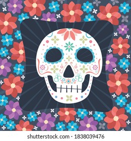   Vector Dia de Los Muertos, Day of the Dead or Mexico Halloween sculls collection. sugar skull. skull with floral ornament Decoration with flowers. Vector illustration background. Isolated over black