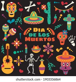 Vector Dia de Los Muertos. Set for the celebration of the day of the dead. Decorated skulls, flowers, skeleton, cactus, sambrero, tequila, guitar. Vector illustration background. Halloween.