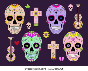 Vector Dia de Los Muertos, Day of the Dead or Mexico Halloween sculls collection. marigold flowers and Dia de los Muertos