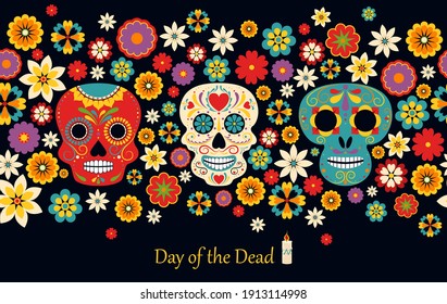 Vector Dia de Los Muertos, Tag der Toten oder Mexiko Halloween. Die wichtigsten Symbole des Urlaubs auf dunklem Hintergrund. Tag der Toten.