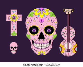 Vector Dia de Los Muertos, Day of the Dead or Mexico. Decoration with skeletons, sculls, maracas, guitar, candles.