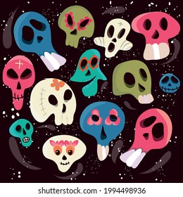 Vector Dia de Los Muertos. A set for celebrating the day of the dead. Decorated skulls. Background of a vector illustration. Halloween. A set of skulls.