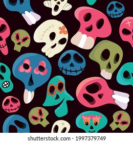 Vector Dia de Los Muertos. Un escenario para celebrar el día de los muertos. Calaveras decoradas. Fondo de una ilustración vectorial. Halloween. Un conjunto de cráneos. Patrón sin foco.