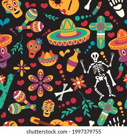 Vector Dia de Los Muertos. A set for celebrating the day of the dead. Decorated skulls, flowers, skeleton, cactus, sambrero, tequila, guitar. Vector illustration. Halloween. Seamless pattern.