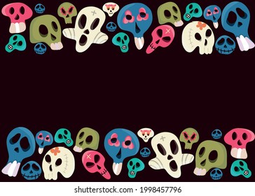 Vector Dia de Los Muertos. Un escenario para celebrar el día de los muertos. Calaveras decoradas. Fondo de una ilustración vectorial. Halloween. Un conjunto de cráneos.