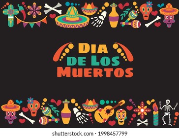 Vector Dia de Los Muertos. Set for the celebration of the day of the dead. Decorated skulls, flowers, skeleton, cactus, sambrero, tequila, guitar. Vector illustration background. Halloween.