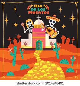 Vector Dia de Los Muertos. Set for the celebration of the day of the dead. Decorated skulls, flowers, skeleton, cactus, sambrero, tequila, guitar. Vector illustration background. Halloween.