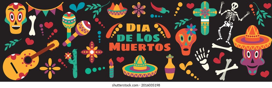 Vector Dia de Los Muertos. Fijarse para la celebración del día de los muertos. Calaveras decoradas, flores, esqueleto, cactus, sambrero, tequila, guitarra. Fondo de la ilustración del vector. Halloween.