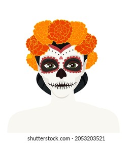 Vector Dia de Los Muertos. Day of the Dead or Mexico. Head isolated on white. Vector illustration.