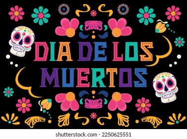 Vector Dia de Los Muertos. Set for the celebration of the day of the dead. Decorated skulls, flowers, skeleton. Vector illustration background. Halloween.