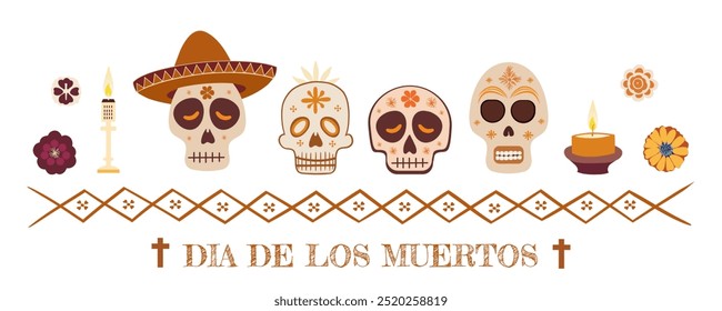 Vetor Dia de los Muertos, dia da morte, feriado tradicional mexivan. Esqueletos masculinos e femininos com flores e chapéu. Banner, cartão comemorativo, cartaz, convites, têxteis, arte, papel de parede