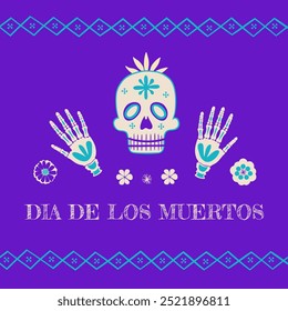 Vetor Dia de los Muertos, dia da morte, feriado tradicional mexicano. Cartão quadrado com esqueleto com flores, mãos de esqueleto e chapéu. Ornamento mexicano. Faixa, cartão comemorativo, cartaz, convite