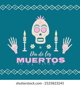 Vetor Dia de los Muertos, dia da morte, feriado tradicional mexicano. Cartão quadrado com esqueleto com flores, mãos de esqueleto e chapéu. Ornamento mexicano. Faixa, cartão comemorativo, cartaz, convite