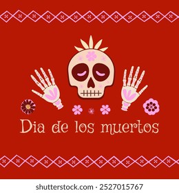 Vector Dia de los Muertos, day of dead, mexican traditional holiday. Square card with skeleton with flowers, skeleton hands and hat. Mexican ornament. Banner, greeting card, poster, invitation