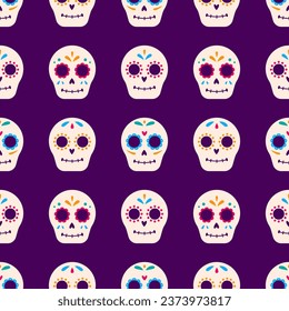 Vector Dia de muertos seamless pattern. Mexican traditional sugar skulls on purple background. The day of the dead celebration. Wrapping design.