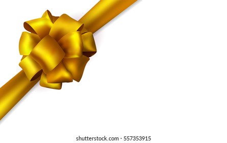 Vector diagonal beautiful silk golden bow with transparent shadow isolated on white background