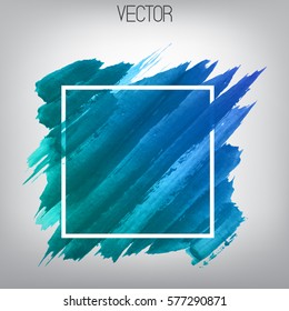 Vector diagonal bright brush strokes in the square frame. Hand drawn lines square. Watercolor modern background. Abstract design element for text. Blue, green, cyan, turquoise colors gradient.