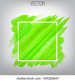 Vector diagonal bright green brush strokes in the square frame. Hand drawn lines. White square frame. Watercolor modern background. Abstract design element for text. Modern. Grunge texture. 