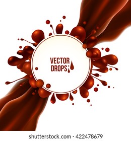 Vector diagonal chocolate flow with round drops splash and circle banner