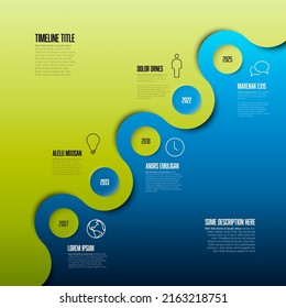 Vector Diagonal Infographic Company Milestones Timeline Template With Circles And Dual Color Background - Green And Blue. Time Line Template Version With Icons On Split Background