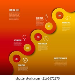 Vector Diagonal Infographic Company Milestones Timeline Template With Circles And Dual Color Background - Red And Yellow. Time Line Template Version With Icons On Split Background