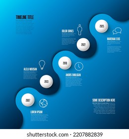 Vector Diagonal Infographic Company Milestones Timeline Template With Circles And Blue Gradient Color Background. Time Line Template Version With Icons On Split Background