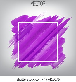 Vector diagonal purple brush strokes in the square frame. Hand drawn lines. White square frame. Watercolor violet modern background. Abstract design element for text.