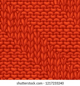 Vector Diagonal Spiral Rib Stitch Pattern. Сotton hand-knitted red fabric material. High detailed knitting boundless background. Hand-drawn woolen knitwear.