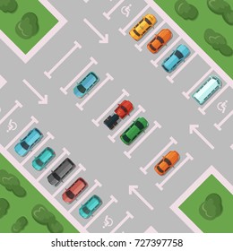Vector diagonal view parking lot with trees outside and with places for disabled people with cars top view illustration