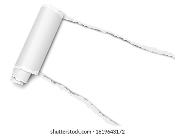 Vector diagonally torn hole in transparent sheet of paper from lower right corner with curl, soft shadow and white background