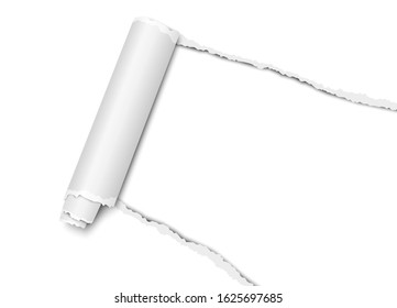 Vector diagonally torn hole in transparent sheet of paper from lower right corner to upper left with curl and white background
