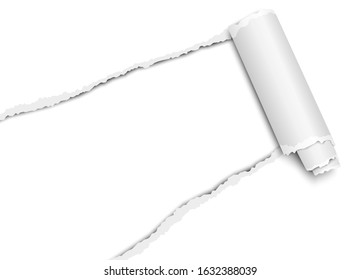 Vector diagonally torn hole in transparent sheet of paper from lower left corner with curl, soft shadow and white background
