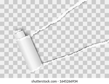 Vector diagonally torn hole in transparent sheet of paper from upper right to lower left corner with curl, soft shadow and transparent background