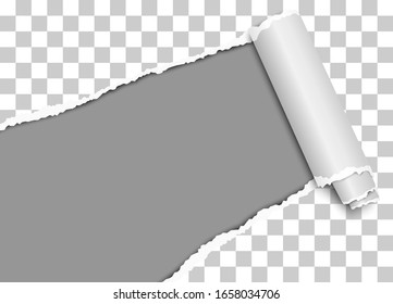 Vector diagonally torn hole in transparent sheet of paper from lower left corner to upper right with curl, soft shadow and dark gray background