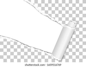 Vector diagonally torn hole in transparent sheet of paper from upper left to lower right corner with curl