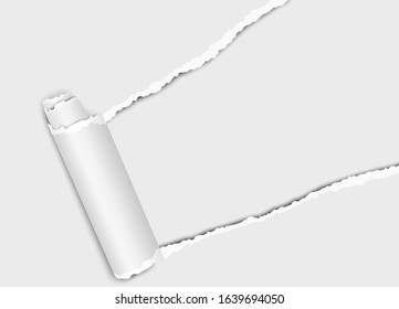 Vector diagonally torn hole in white sheet of paper from upper right corner with curl