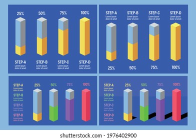 Vector diagram chart, 3D column graph presentation. Growth percents 25, 50, 75, 100. set of loading status isolated from background.

