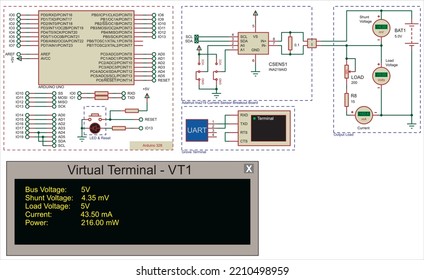 Vector diagram of connecting a current sensor to an Arduino uno. 
Electronic circuit board with arduino.
Electrical diagram with arduino.