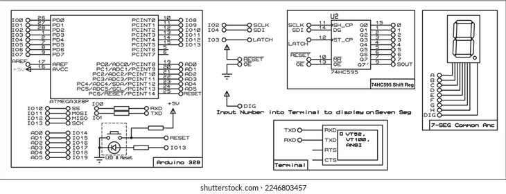 Vector diagram of connecting a seven-segment indicator
and a register chip to an arduino.