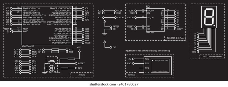 Vector diagram of connecting a seven-segment indicator and a register chip to an arduino. Electronic circuit board with arduino. Electrical diagram with arduino.